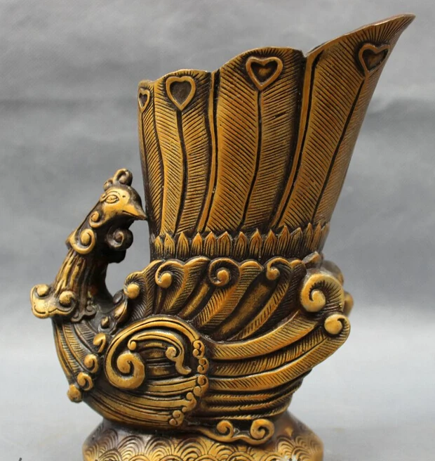 

004767 Chinese Bronze Bird Peacock Phoenix Statue Cup Pencil Vase Brush Barrel Pot