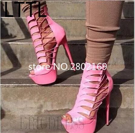 

Fashion High Platform Gladiator Sexy Peep Toe Women Super High Heels Pink Blue Leather Zipper Free Shipping Size 35-42 Sandals