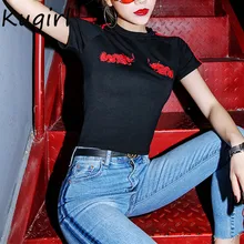 Женская футболка в стиле панк, Модный укороченный топ с круглым вырезом, уличный с короткими рукавами, в полоску, с принтом дракона, укороченная Повседневная тонкая черная футболка