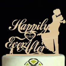 Счастливо после торта Топпер, деревянный Изготовленный На Заказ Свадебный Дата торт Топпер, персонализированные невесты и жениха силуэт для вершины торта с собакой