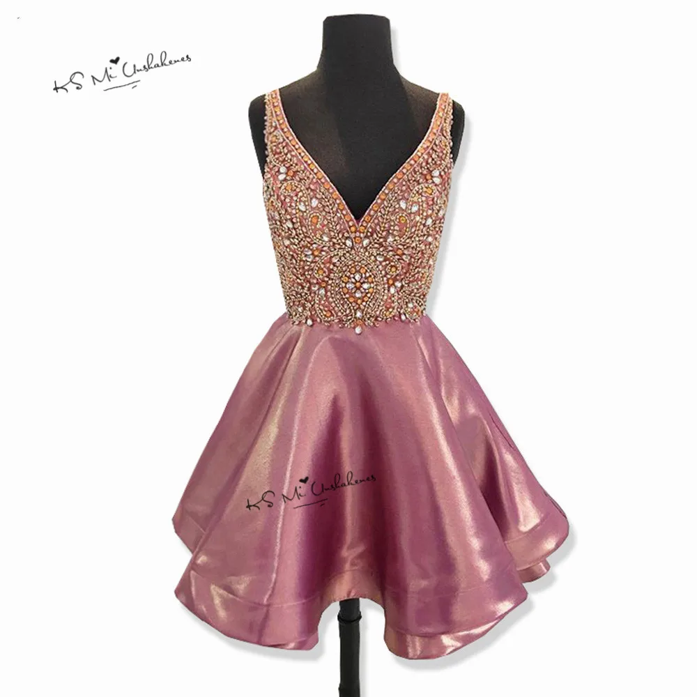 Pink Crystals Prom Dresses Short V Neck Back Above Knee Cocktail Dress Party Homecoming Dress China Vestidos de Coctel