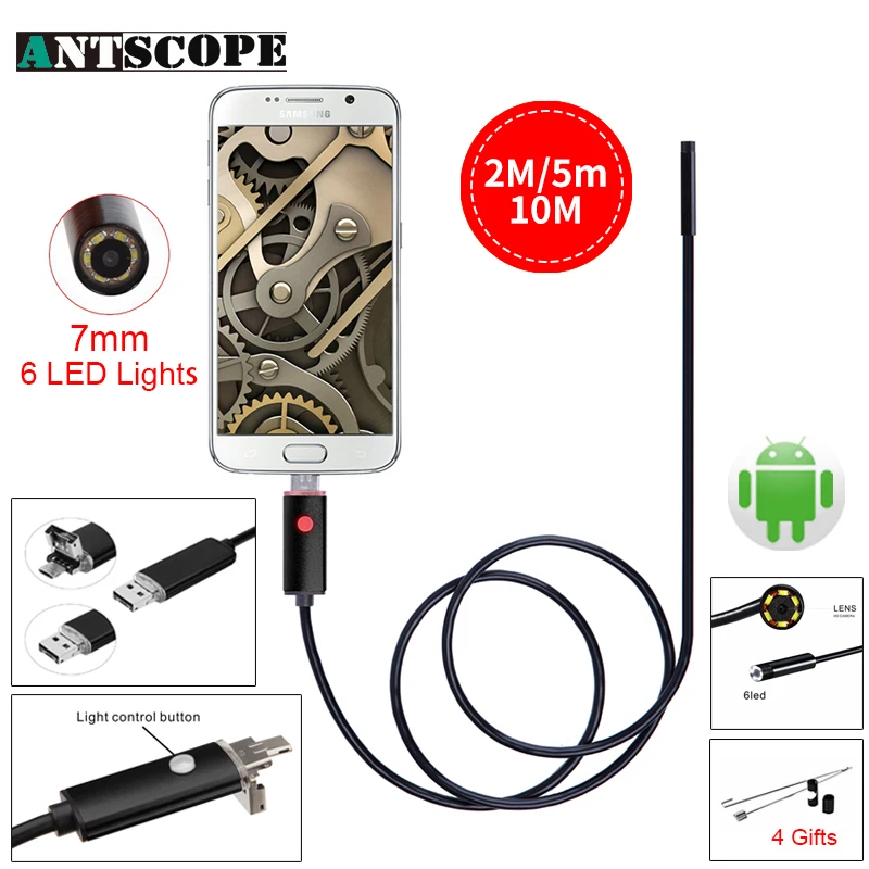 

Antscope Black 7MM USB Endoscope Camera Android Camera 2m 5m 10m Pipehole USB Endoskop Inspection Borescope OTG Phone Camera 40