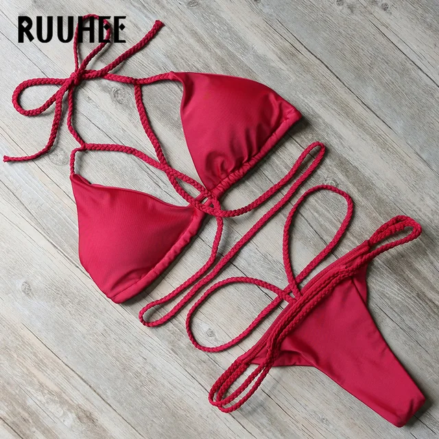 Cheap RUUHEE Bikini Swimsuit Women Swimwear Push Up Bathing Suit Braided Rope Strap Bikini Set 2017 Halter Summer Beachwear With Pad