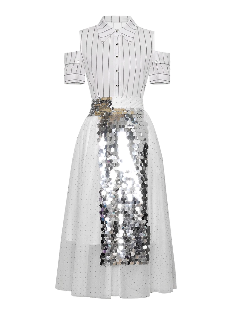 Модный дизайнерский комплект moaayina, весна-лето, Женская Полосатая Рубашка с коротким рукавом, топы+ сетчатая юбка с пайетками, костюм из двух предметов