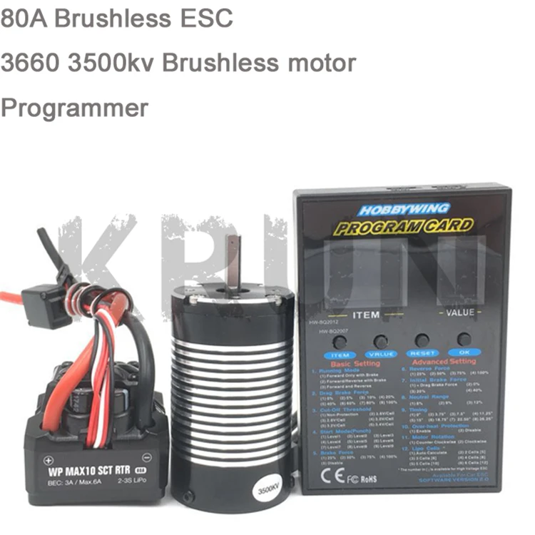 

1pcs MAX10 SCT RTR 80A Brushless ESC + X-TEAM 3660 3800KV Sensorless Motor Set +LED Program for 1/10 RC Car