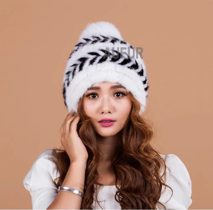 Knitting Real Mink Fur Hats Women Caps Natural Fox Fur Balls Earmuffs Knitted Beanies 100 Natural