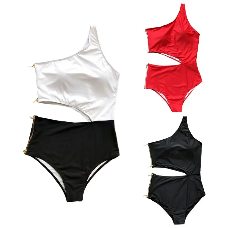 

Womens Sexy One-Piece Bikini One Shoulder Cut Out Waist Monokini Solid Color Double-End Metal Zipper Closure Swimsuit High Waist