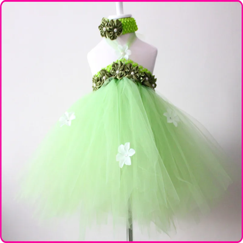 

2016 Summer Elegant Satin Girl Tutu Train Dress green and Champagne Flower Girl Dress Vintage Photography/Party/Birthday