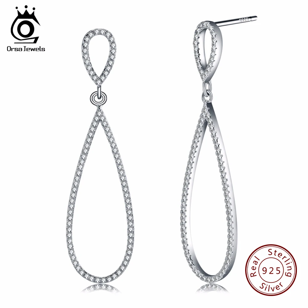 ORSA JEWELS Luxury Water Drop Shape 925 Sterling Silver Earrings Stud Solid Silver Earrings With 172pcs AAA Austrian CZ SE35