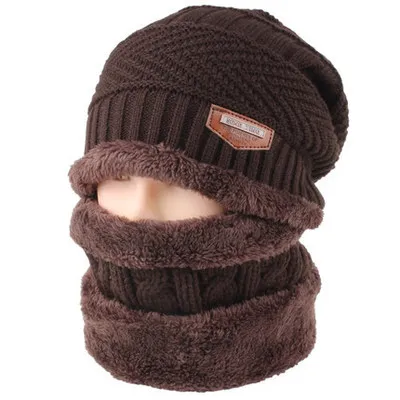 Вязанная мужская шапка осень-зима, шерстяные шапки для мужчин, зимний шарф, шапка, набор, женская Балаклава, бини, две части, женские шапки, шапки - Цвет: Brown Set