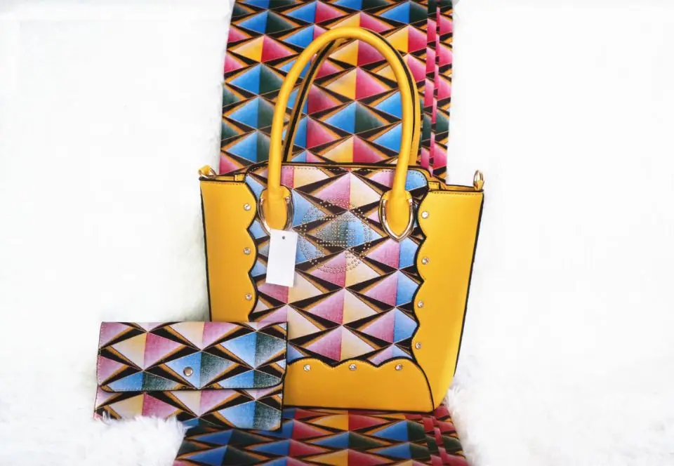 

6Yards Beautiful three colorful printed pattern hollandais wax fabric match yellow african big handbag set for party XB2