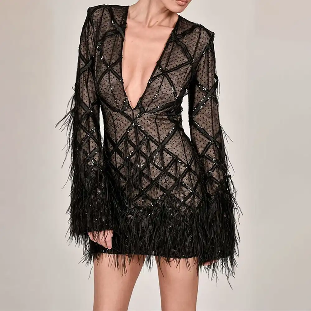 black long sleeve tassel dress
