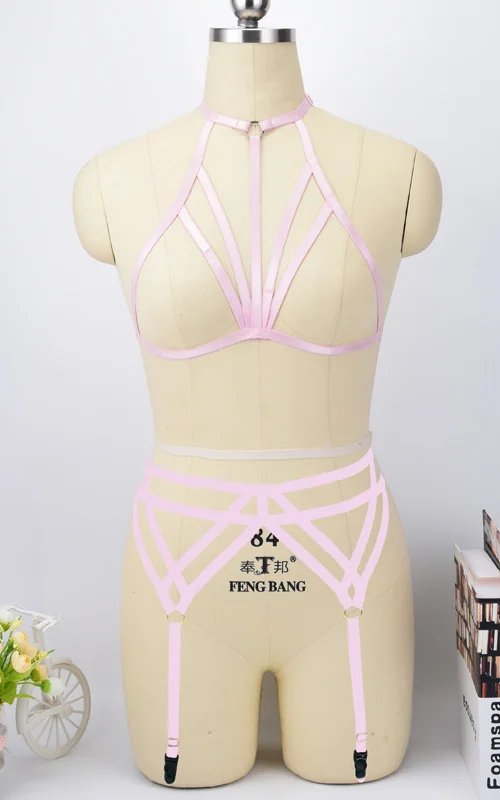Розовый Готический набор подвязок для тела, сексуальное женское белье на Хэллоуин, бандаж, упругие ремни для тела, бюстгальтер, Свадебные Подвязки для ног