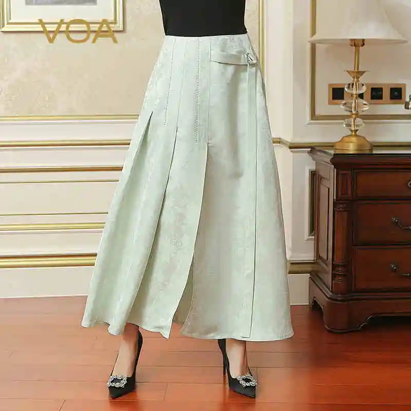 

VOA 2018 Fall Fashion Lake Green Silk Jacquard Sweet Skirt Autumn Winter Plus Size Thicken Women Maxi Long Skirt CLA02001