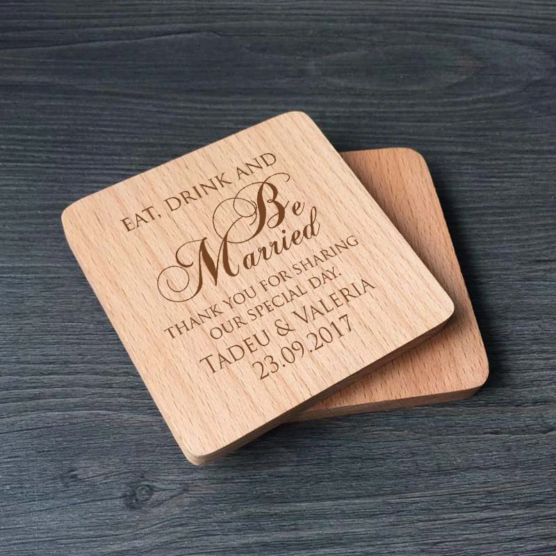 

Personalized Wood Coaster Wedding Favor Keepsake Gift for Guests Custom Engraved Round / Square Wooden Table Coasters Set of 25