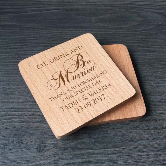 Personalized Wood Coaster Wedding Favor Keepsake Gift For Guests Personalized Wood Coaster Wedding Favor Keepsake Gift For Guests Custom Engraved Round Square Wooden Table