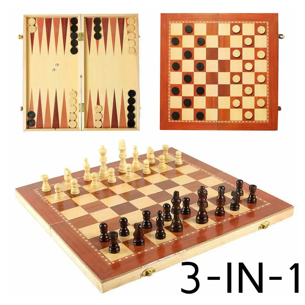

3 in 1 Wood Chess Board Tournament Travel Portable Chess Set International Chess Set Backgammon Draughts playing Gift