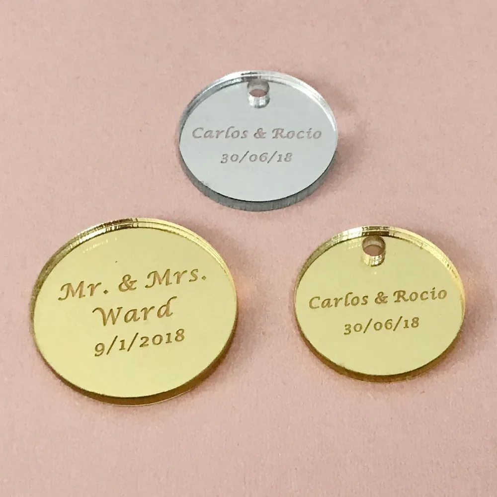 

100pcs Personalized Round tag Baby Baptism Hangs Round Wedding Gift tags Candy box gift tag Mirror Gold silver