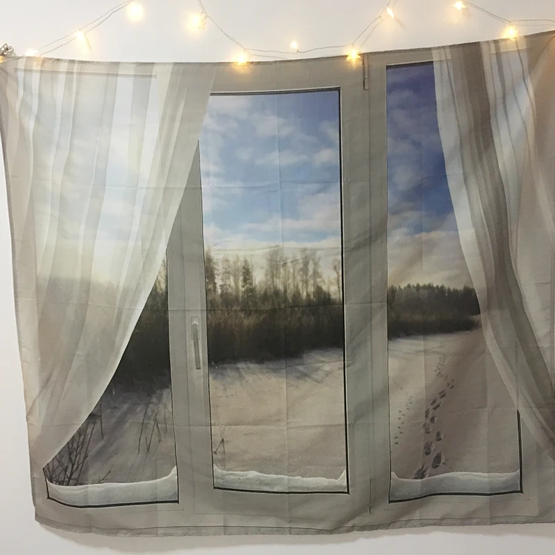 Снежный лес за окном Белое солнце винтажный цифровой полиэстер художественный квадратный горячий Настенный декор гобелен пляжный коврик