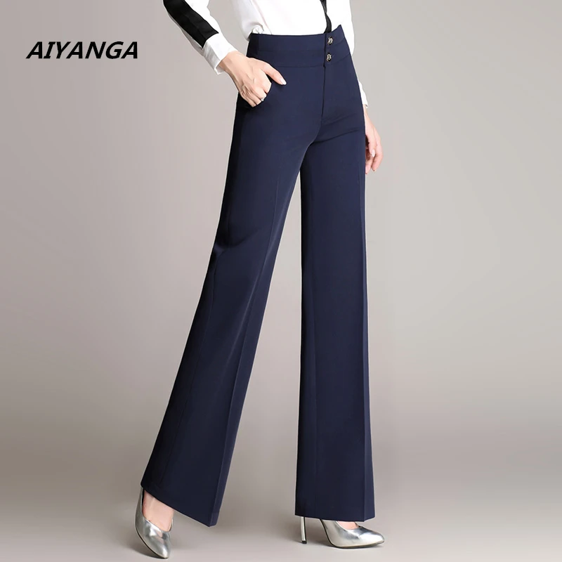 

AIYANGA S-4XL quality women suit wide leg pants OL elegant office slim high waist ladies plus size solid trousers for woman
