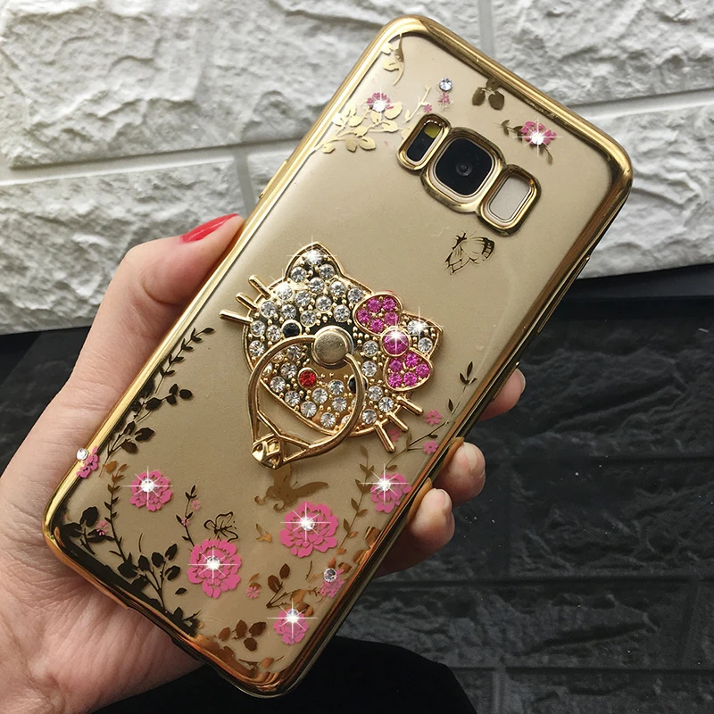 Luxury Diamond Kitty Cat Ring TPU Case For Samsung Galaxy S7 edge S6 S8 plus J5 J7 J3 2017 EU J530 Rhinestone Plating Back Cover (13)