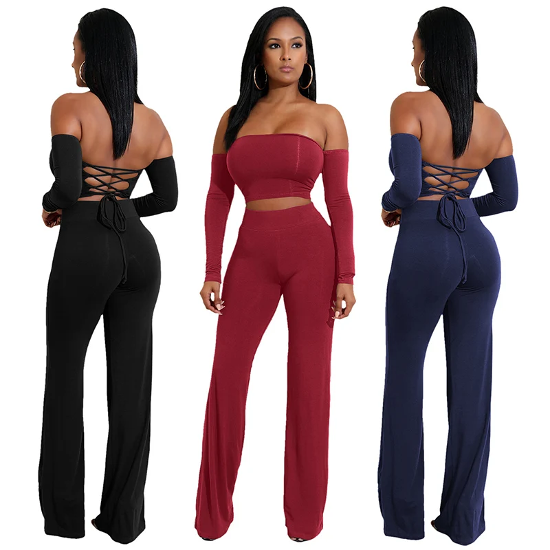 

Bandage Two-piece Trouser Suit Off-shoulder Solid Color Split Slim Short Tops Long Pants Spring Autumn Lace-up Slash Neck Suits
