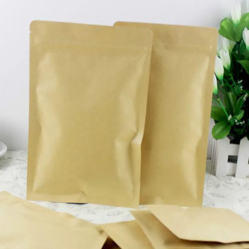 100pcs/lot Kraft Paper Food Bag with Zip Lock Reusable Sealing Bag Inside Aluminizing Pouch For Storing Cookie Dried Food Snack