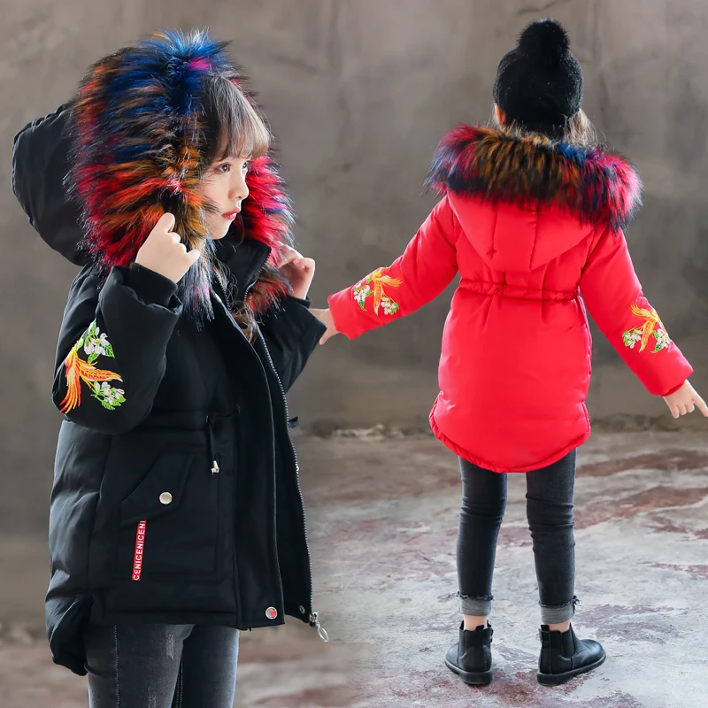 

children girls down jacket thicken warm winter coat teenager Embroidery Floral parka Colourful big fur outerwear hooded clothing