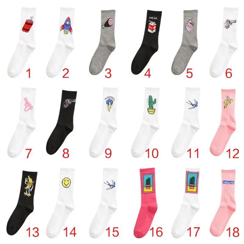 

KLV Unisex Winter Ribbed Knitted Mid-Calf Long Ankle Socks Funny Cartoon Rocket Cactus Printed Student Cotton Tube