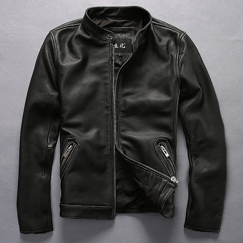 Buy simple design men's cow leather jacket mens coat genuine cowhide leather vintage rider jacket