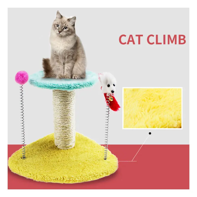

2-Lay Cat Climbing Tree Frame Scratching Post Board with Elastic A Mouse Kitten Toys Wood triangle Bottom Jumping Standing Frame