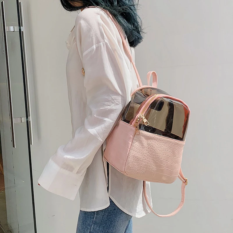 

Crocodile Pattern PU Leather Small Backpacks For Women 2019 Transparent Back Pack Ladies Summer Bag School Student Beach Bags