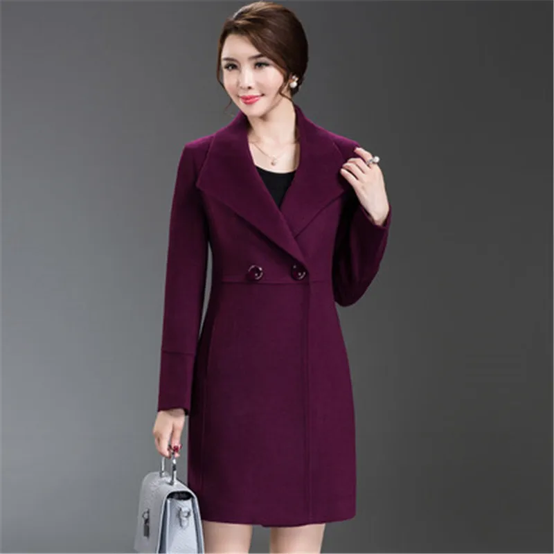 Women's Loose Plus Size Clothing Autumn Winter Fashion Turn Down Collar Double-breasted Slim Wool Trench Coat Jacket XH598 - Цвет: Фиолетовый