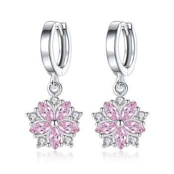 

Hot Flower Drop Earrings Fashion 925 sterling silver Pink CZ Zircon Crystal Wedding Statement Earring for Women Jewelry