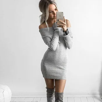 

2019 Autumn and winter hot selling Slash neck dresses grey black sexy dress.