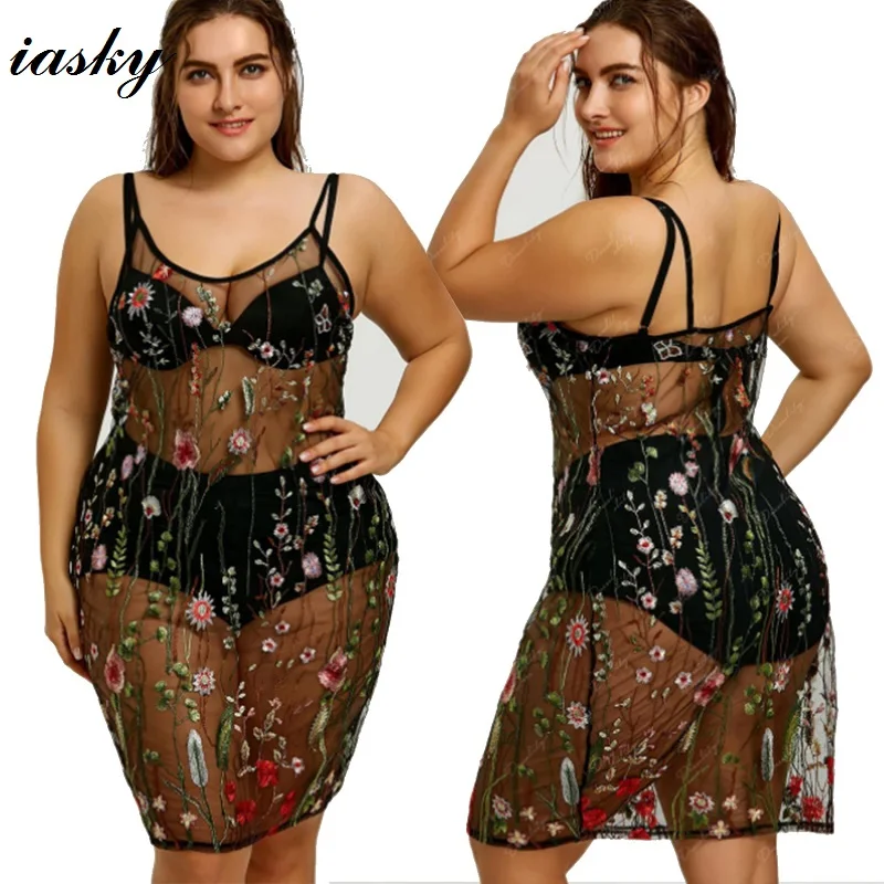 Iasky 2018 New Embroidered Plus Size Beach Cover Ups Sexy Women See Through Bikini Swimsui