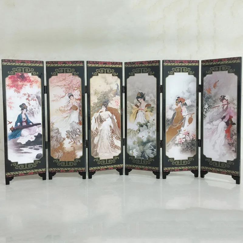 

Large 6 Part Ancient Ladies Folding Screen Room Divider Covered With Scraps Uniq