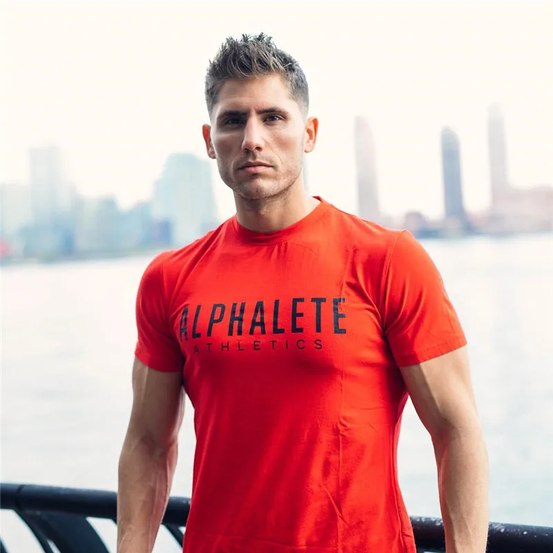 Новая брендовая хлопковая футболка для мужчин ALPHALETE Gyms Фитнес Бодибилдинг облегающие рубашки мужские модные повседневные футболки с принтом