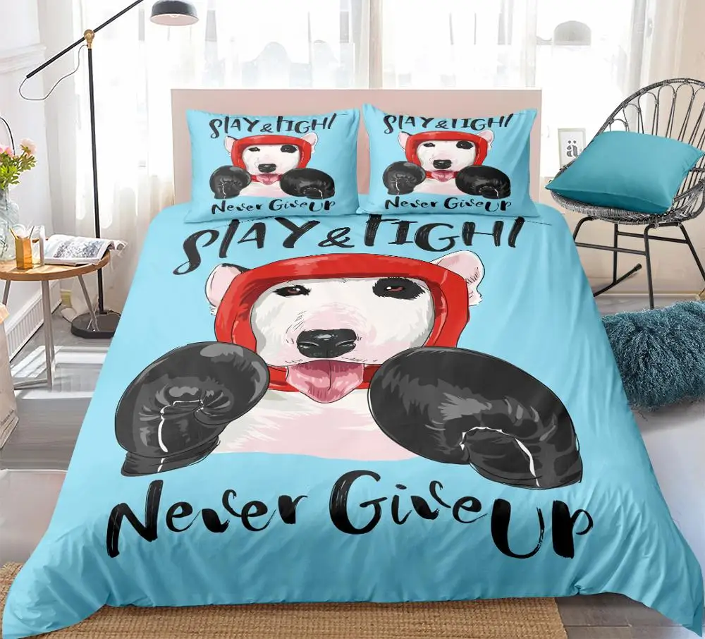 

3-piece Boxing Dog Duvet cover set Cartoon handsome pet Bedding set quilt cover kids boys Blue Bedclothes dropship