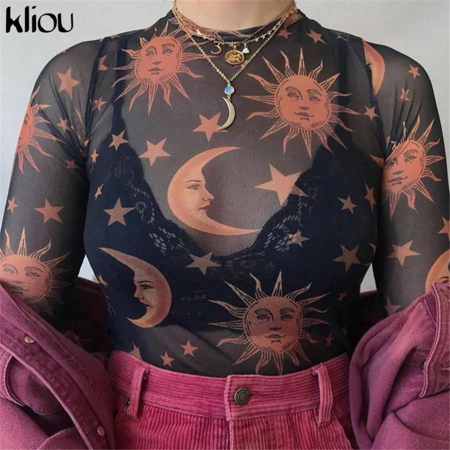 

Kliou women sexy mesh fabric t-shirt o-neck full sleeve print crop top 2019 spring new fashion hot sell female casual top tees