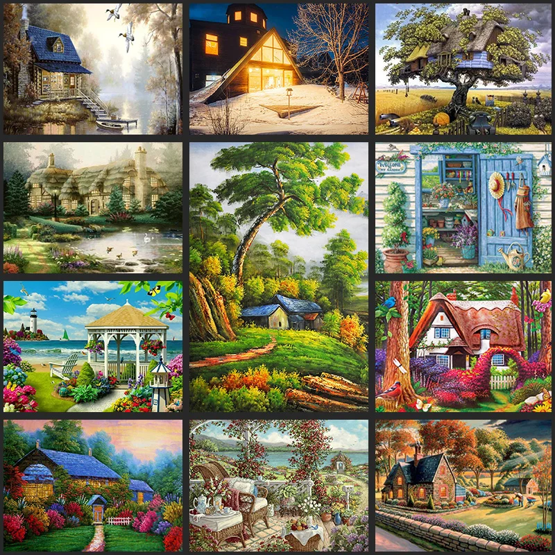 

5D New Diamond Painting Garden Hut Diamond Embroidered Flowers Full Drill Cross Stitch All Posted Forest Lake Scenery