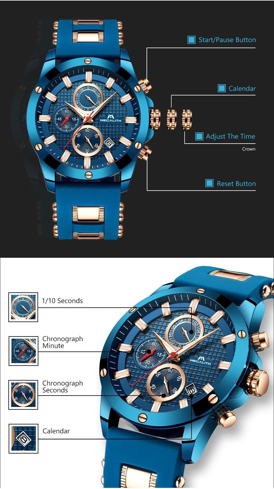 MEGALITH Мужские кварцевые спортивные часы с водонепроницаемым аналоговым хронографом, резиновым ремешком, военные часы, мужские часы