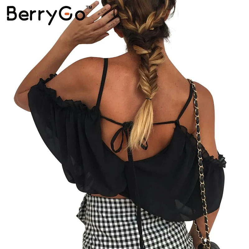 Meilleur BerryGo Volants en mousseline de soie blanc chemisier Dentelle up plage blouse chemise femmes tops Élastique dos nu féminin blouse chemise femme blusas