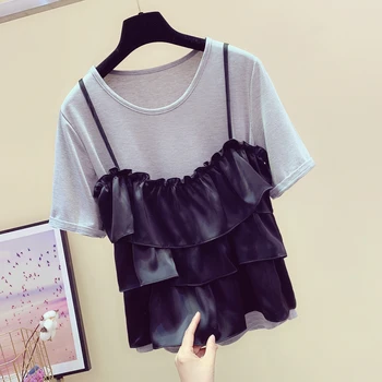 

Tshirt Woman 2019 Summer New Korean Lotus Leaf Side Slimming Sling Top + Short Sleeve Round Collar T-Shirt Twopiece Shirts Femme