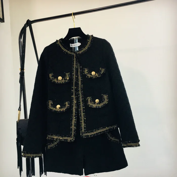 Piste Blazer Bouton Shorts Pièces Mode Pièce Noir Lxunyi Femmes Veste Tweed Costume Ensemble Patchwork Hiver Automne De 2 Deux wxf6H