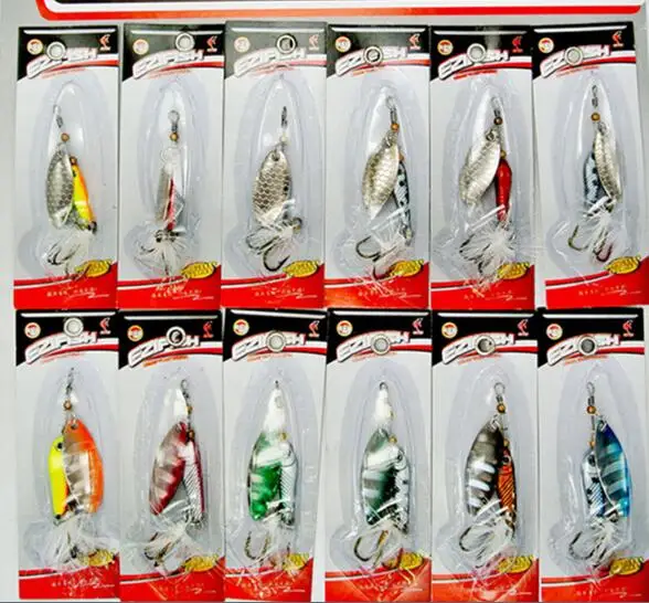 

12pcs/Card Metal Spinner Fishing Lure 5.9g-7.5g Mixed Color/Weight Hard Fish Lures Feathered Treble Hook Spinnerbait tackle