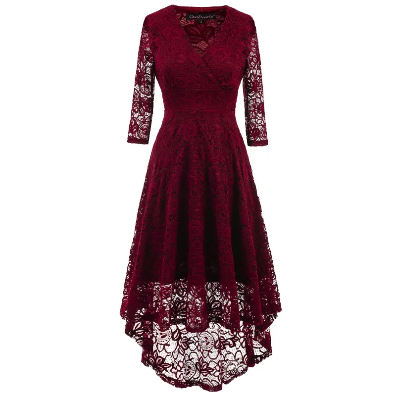 Новое элегантное кружевное вечернее платье для свадьбы с V-образным вырезом и вышивкой Ажурные платья на выпускной Платье с длинной спиной и коротким передом - Цвет: Burgundy