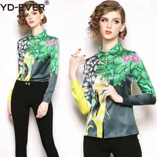

Women Summer Long Sleeve Blouse Shirt Floral Print Vintage Green Printing Chiffon Blouse OL Work Wear Female Office Shirt Tops