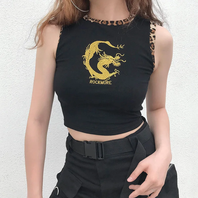 

2019Summer Punk Dragon Embroidery Black Cropped Tank Top Women Patchwork Sexy Sleeveless Top Ladies Streetwear Festival Crop Top