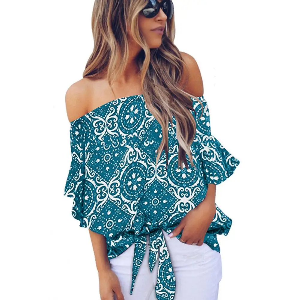 

2019 New Yfashion Women Fashion Boat Neck Collar Delicate Printed Shirt Tops